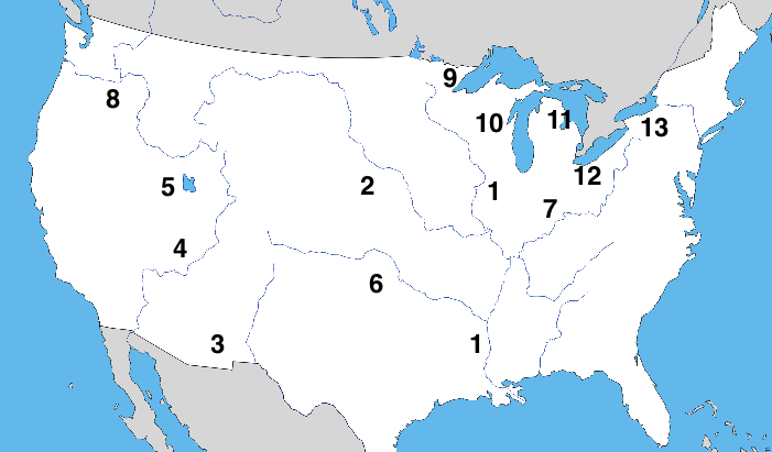Landkarte USA Flüsse und Seen Test