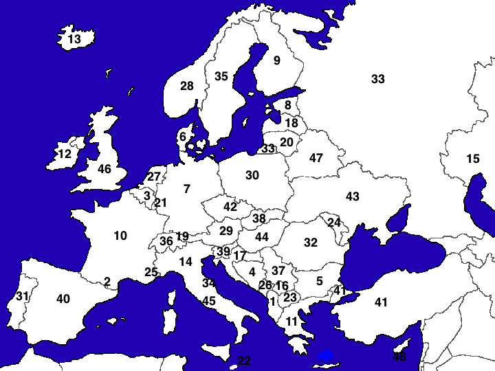 Die 48 europäischen Länder jeweils mit Hauptstädten